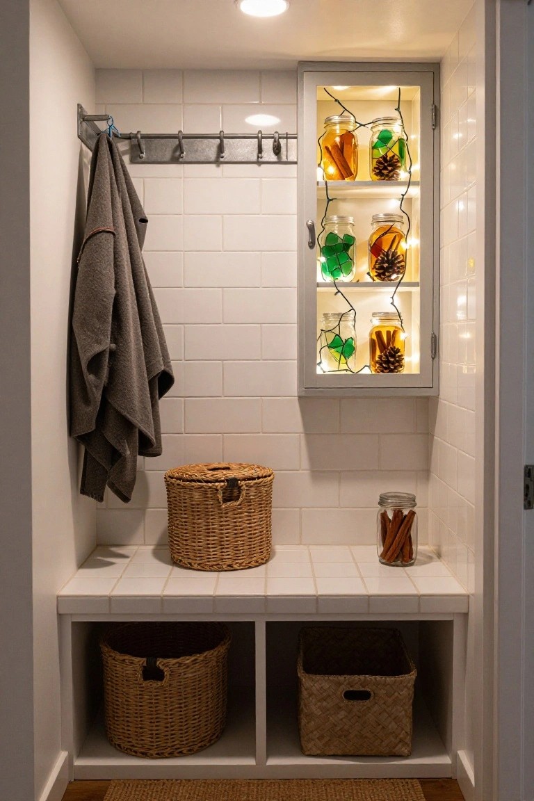 White-tiled mudroom with gray towel on metal rack, woven baskets on bench, jar of cinnamon sticks on bench, and open white cabinet displaying lit mason jars filled with stained glass shamrocks, pinecones, and cinnamon sticks wrapped in string lights.