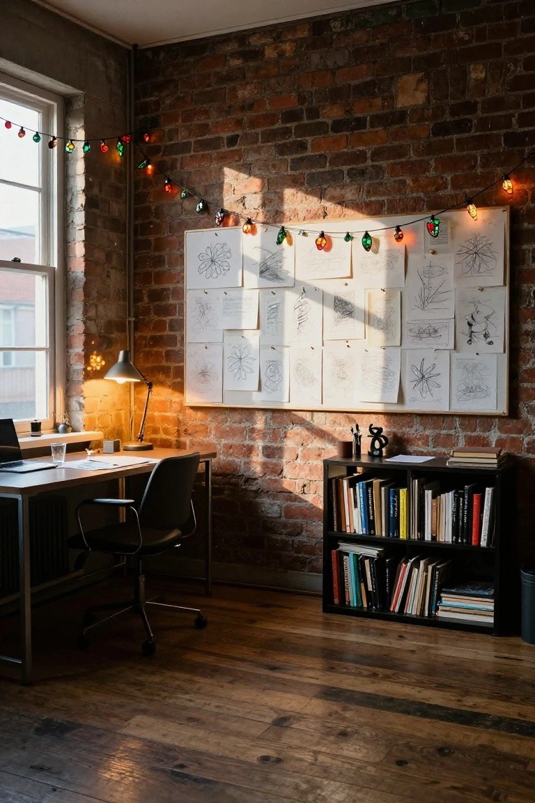 Home studio interior with exposed brick walls, wooden desk and chair, bookshelves filled with books, large corkboard displaying sketches, desk lamp, and stained glass Christmas string lights draped along the window and wall.
