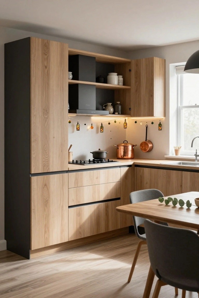 Modern kitchen interior with light oak cabinets, black accents, gas stove, copper pots hanging on wall, wooden dining table with chairs, and string of lit stained glass ornaments above the cooktop.