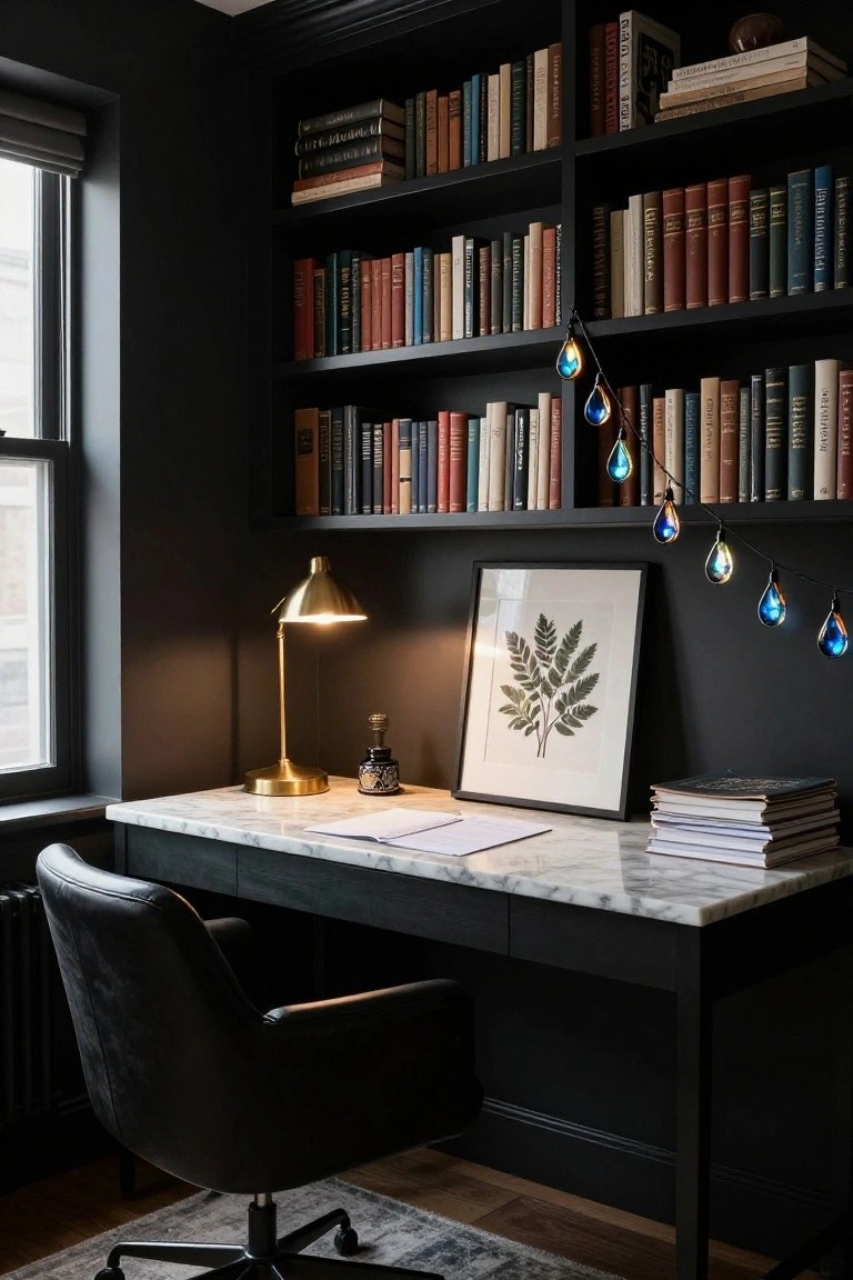 Dark home office with black bookshelves filled with books, marble-top desk, leather chair, gold desk lamp, and strings of glowing blue teardrop stained glass lights hanging from the shelves.