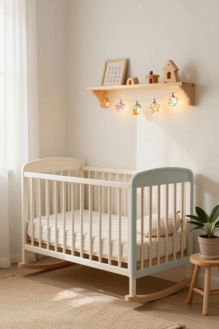 A nursery corner with a white wooden crib on rockers, a wooden shelf holding small toys and birdhouses with a string of illuminated stained glass animal-shaped ornaments hanging from it, a potted green plant, and a wooden stool on a beige rug.