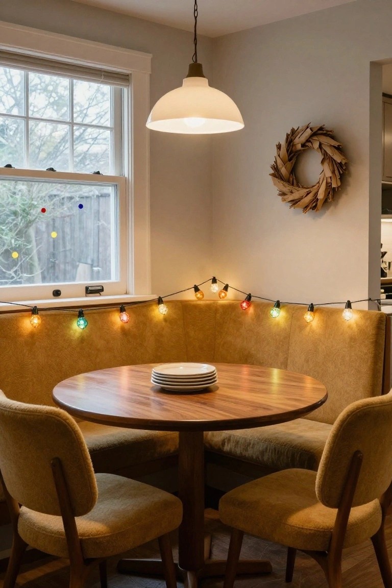 Cozy kitchen booth with mustard velvet upholstery around a round wooden table set with stacked white plates, colorful stained glass string lights strung above the booth, white pendant lamp overhead, and window with winter view.