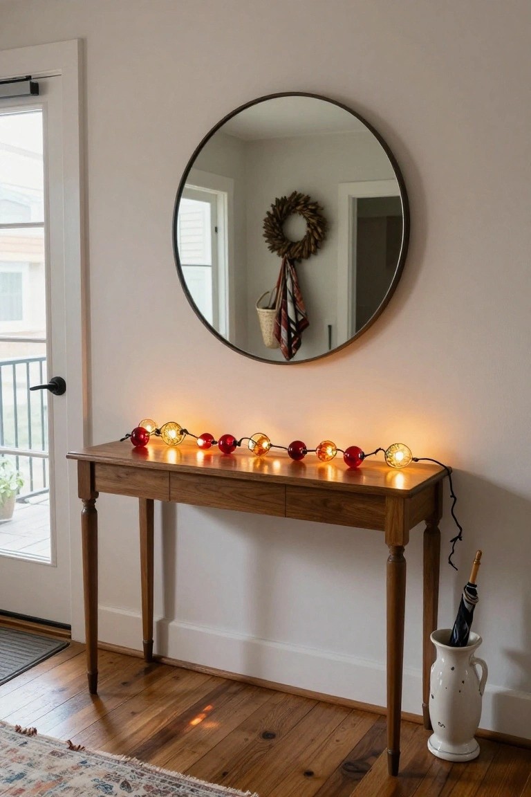 Wooden console table in a light entryway with a string of glowing red, orange, and yellow stained glass orb Christmas lights draped across it, under a large round mirror, beside a glass door and white umbrella stand on hardwood floors.