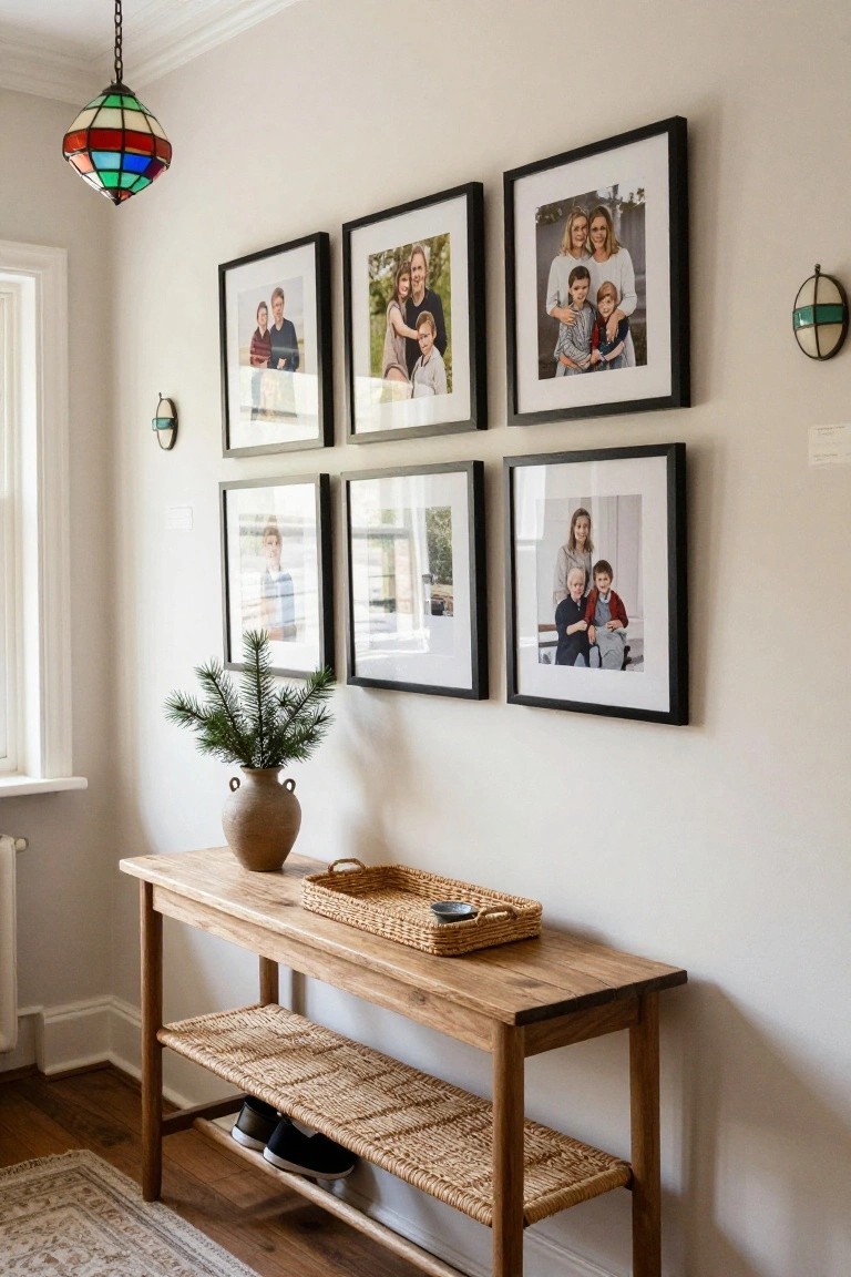 Interior entryway with multicolored stained glass pendant lamp hanging above a wooden console table holding a woven tray and bowl, black-framed family photos on light gray wall, potted evergreen branch, and shoes on lower shelf.