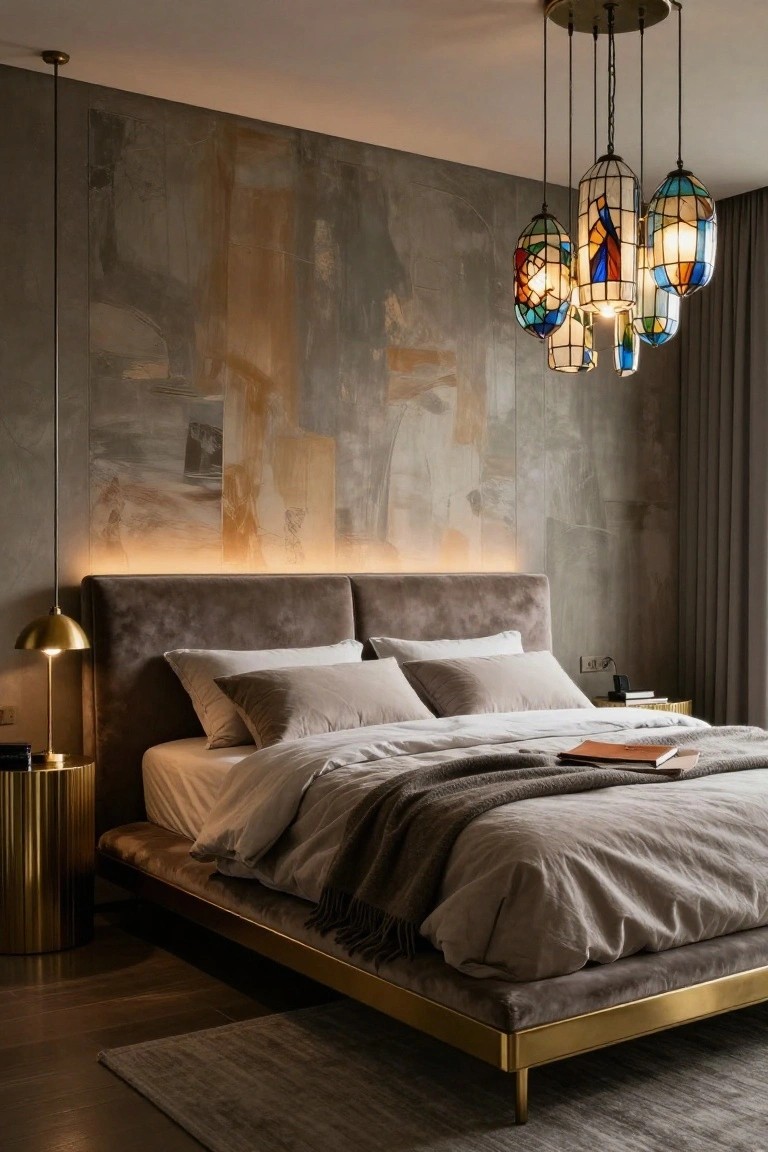 Bedroom with tufted gray upholstered headboard against textured gray wall, neutral bed linens and throw, gold side table and lamp, and multicolored stained glass pendant chandelier hanging overhead.