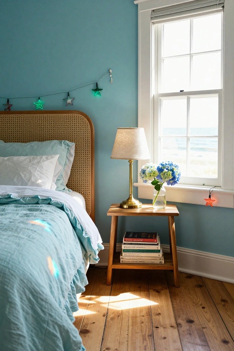 Bedroom with teal walls, rattan headboard bed draped in white and blue linens, wooden nightstand holding lamp, books, and blue hydrangea vase, large window showing ocean view, and colorful stained glass star lights strung as garland along upper wall.