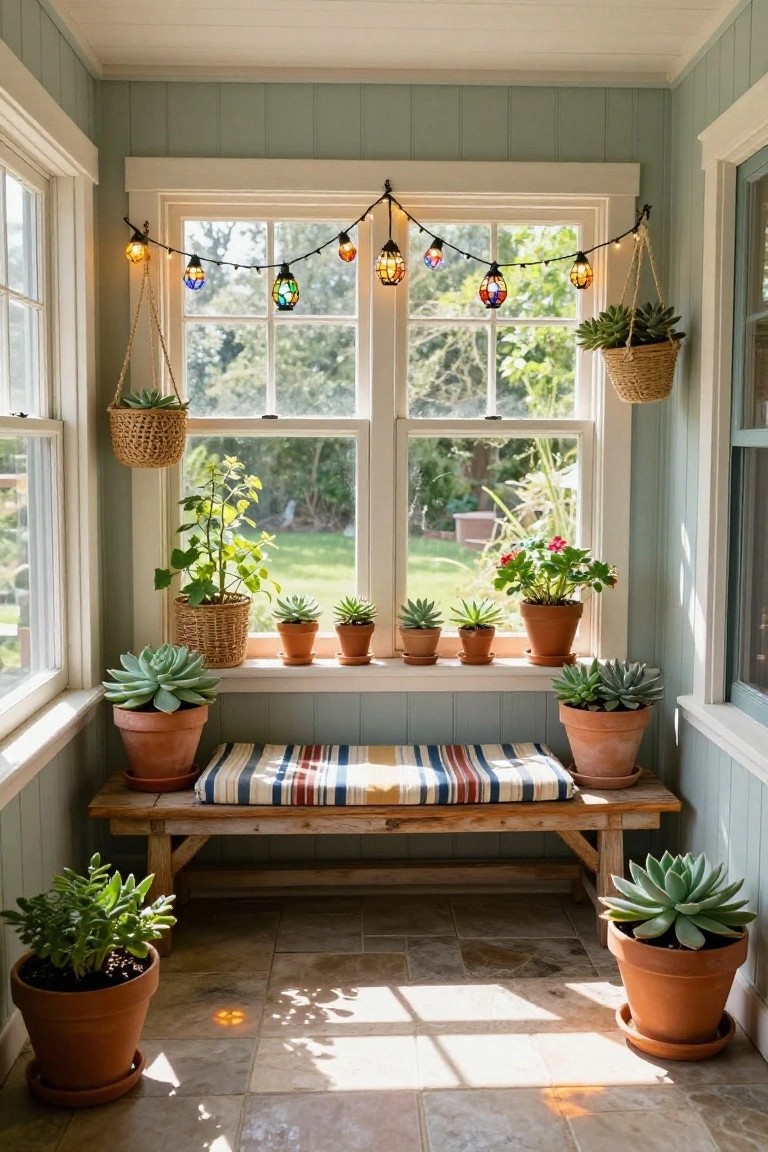 Sunroom with pale blue shiplap walls, wooden bench with striped cushion, various potted succulents and plants on windowsills and floor, hanging baskets, and colorful stained glass string lights draped above large windows overlooking a backyard garden.