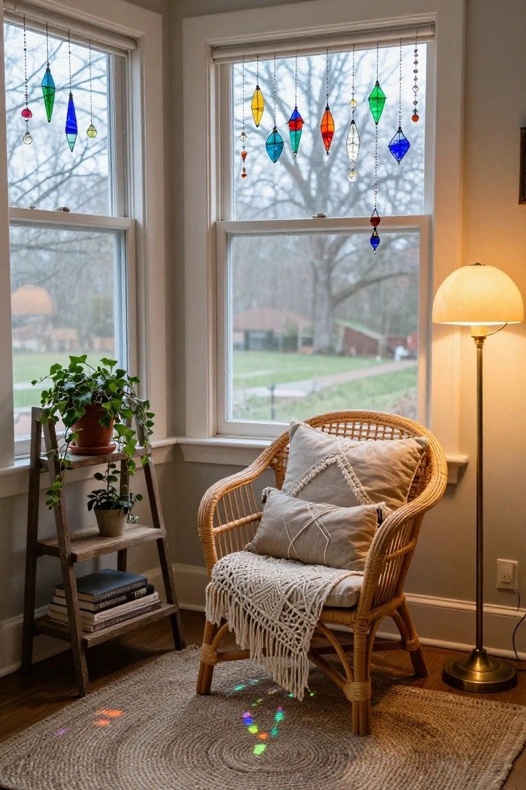 Cozy interior corner with rattan armchair draped in macrame throw and pillows, wooden ladder shelf holding potted ivy plants and books, brass floor lamp, and colorful stained glass suncatchers hanging from two large windows, casting rainbow prisms on a round jute rug.