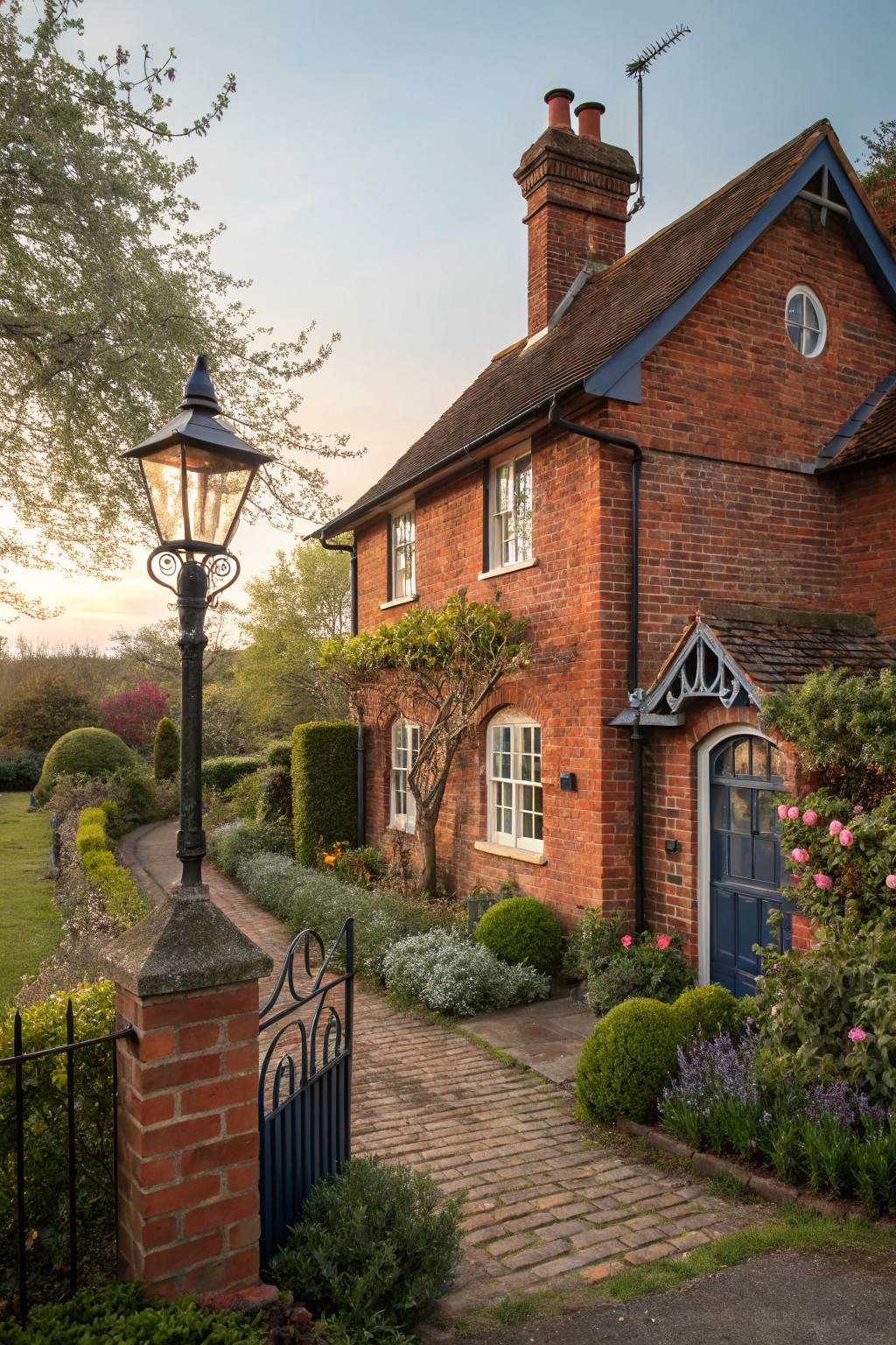Red brick cottage exterior featuring an arched blue front door under a gabled porch, a vintage lantern lamp post beside a brick pathway with wrought iron gate, surrounded by shrubs, flowers, and clipped hedges at dusk.