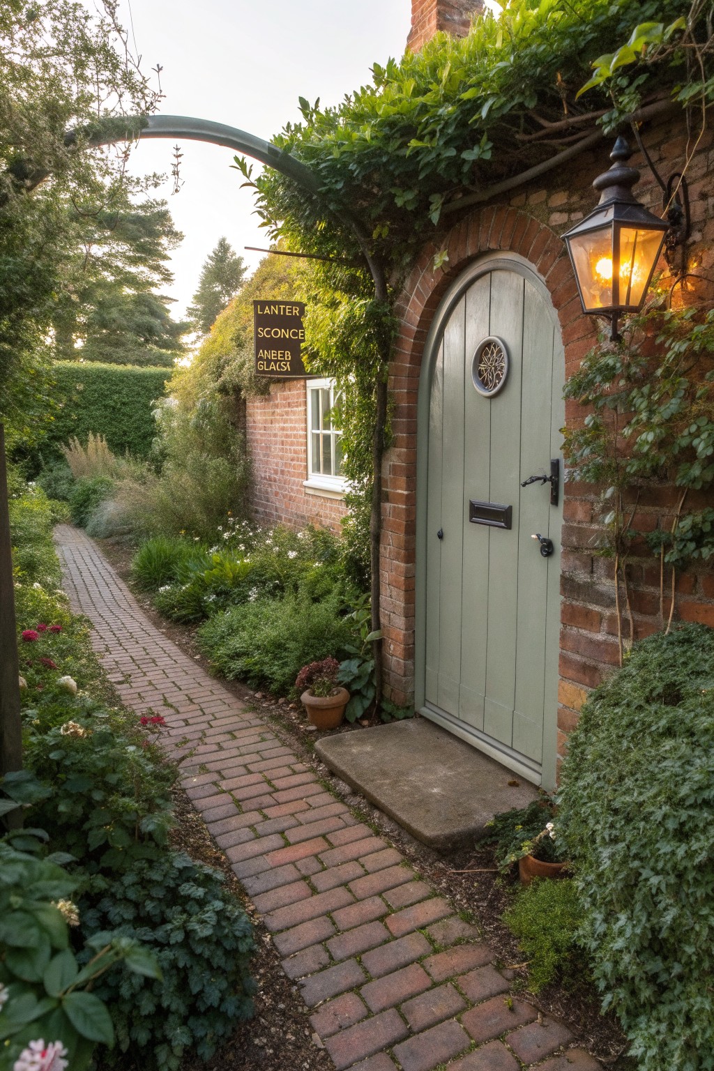 Red brick cottage with arched green round wooden door, ivy-covered metal archway overhead, hanging lantern light, and brick path through garden beds leading to the entry.