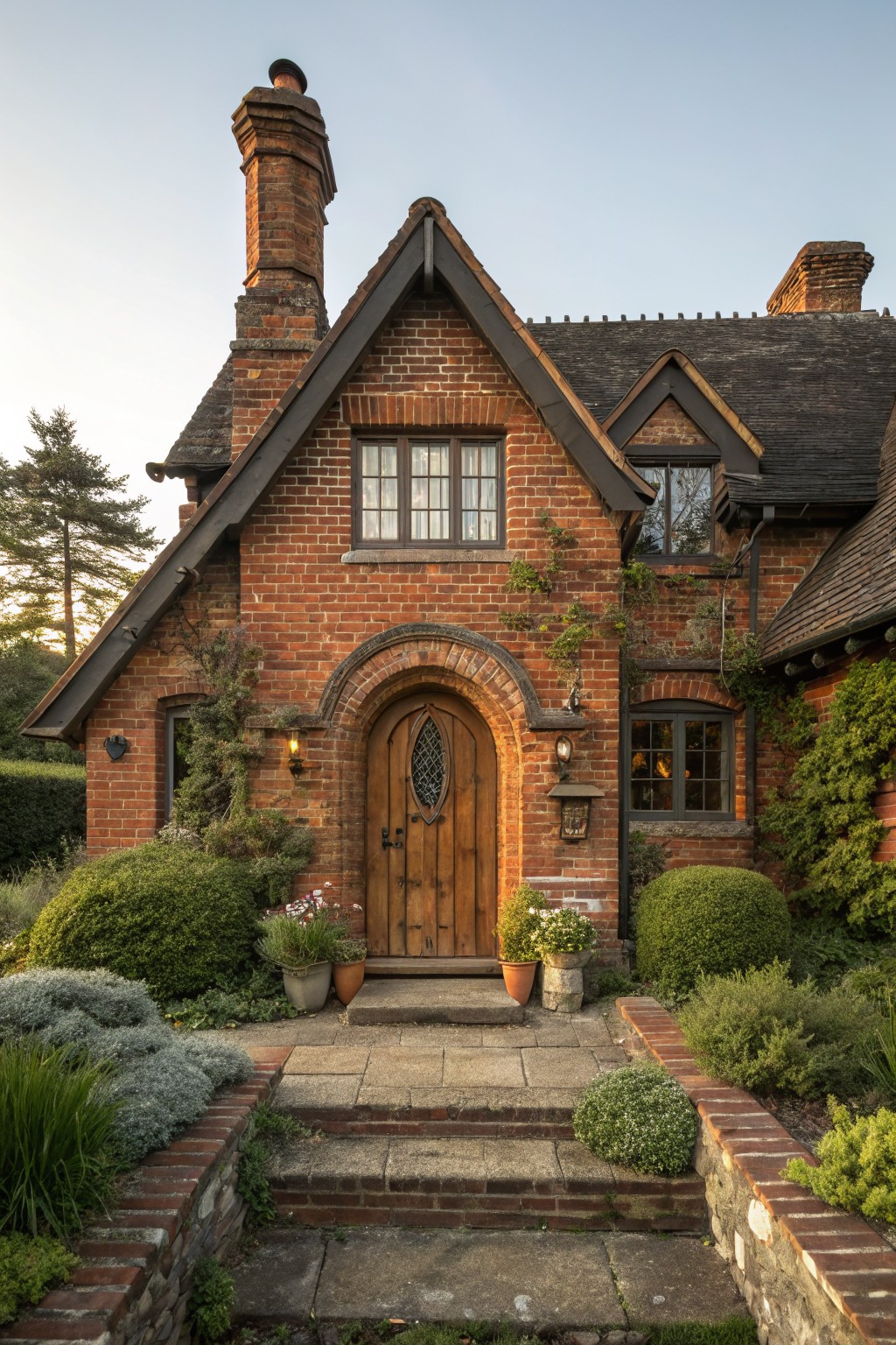Red brick cottage exterior featuring a tall arched wooden front door with gothic panel, flanked by lanterns, stone steps leading up, and low garden plantings along brick walls.