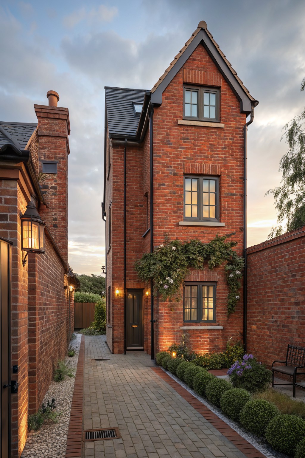 Paver stone pathway edged with spherical boxwood shrubs and gravel border leading to black door on three-story red brick house with climbing white flowers on wall, lanterns along path, at dusk.