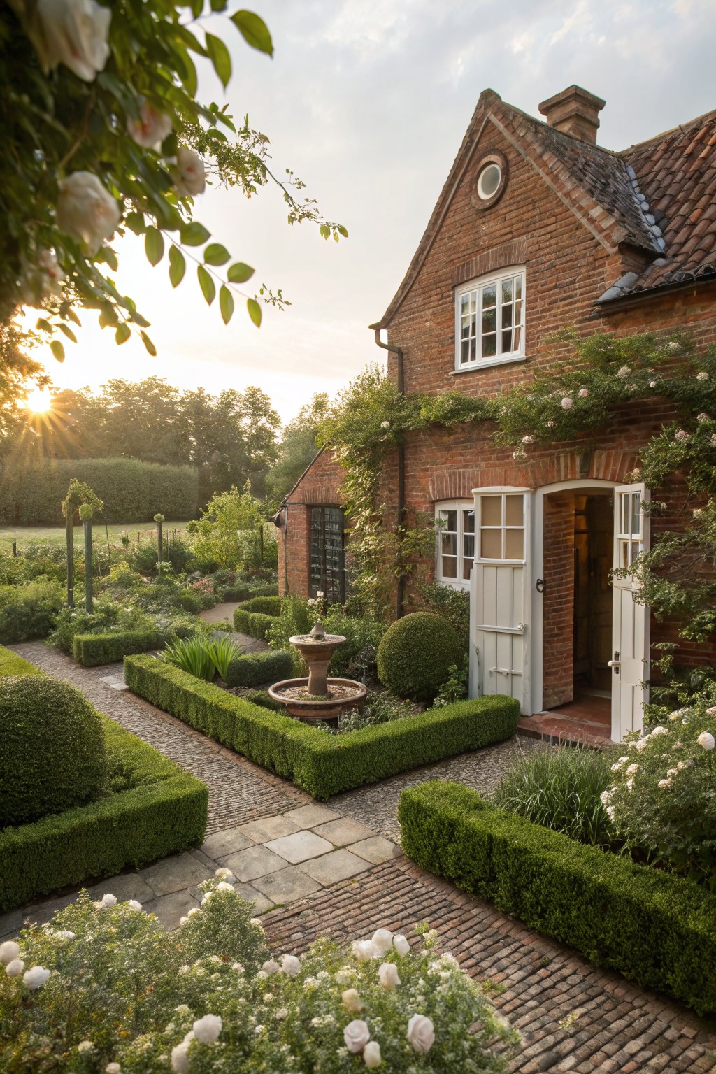 Red brick cottage with gabled roof and open white double doors, framed by climbing white roses and a formal boxwood parterre garden with central fountain, gravel paths, and low hedges in evening light.