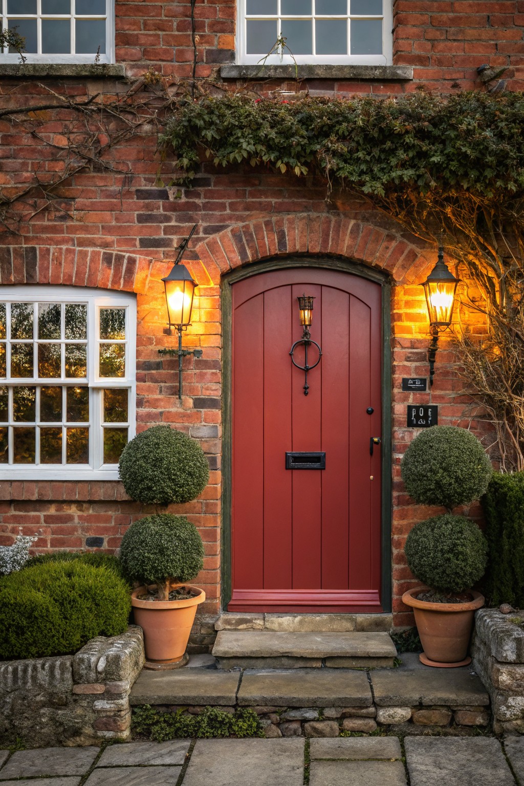 Red brick cottage facade with arched red wooden front door, black lanterns on either side, symmetrical topiary boxwoods in terracotta pots, and ivy climbing the walls.