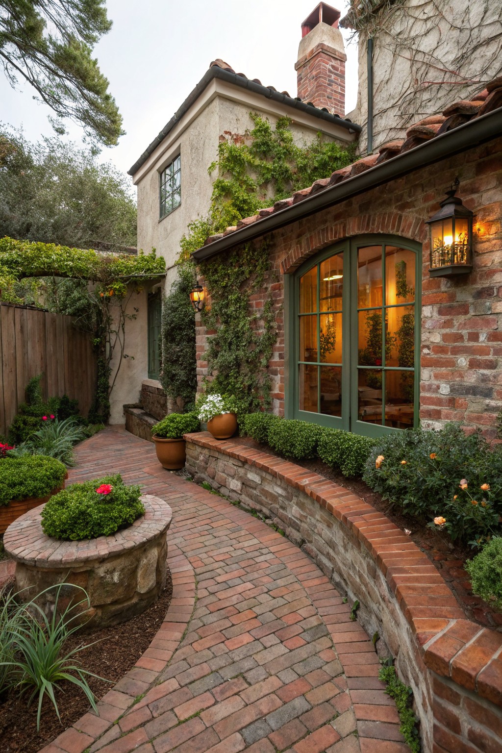 Red brick house wall with arched green window and door, ivy vines, wall lanterns, curved red brick pathway edged with shrubs, potted plants, and stone elements in a garden setting.
