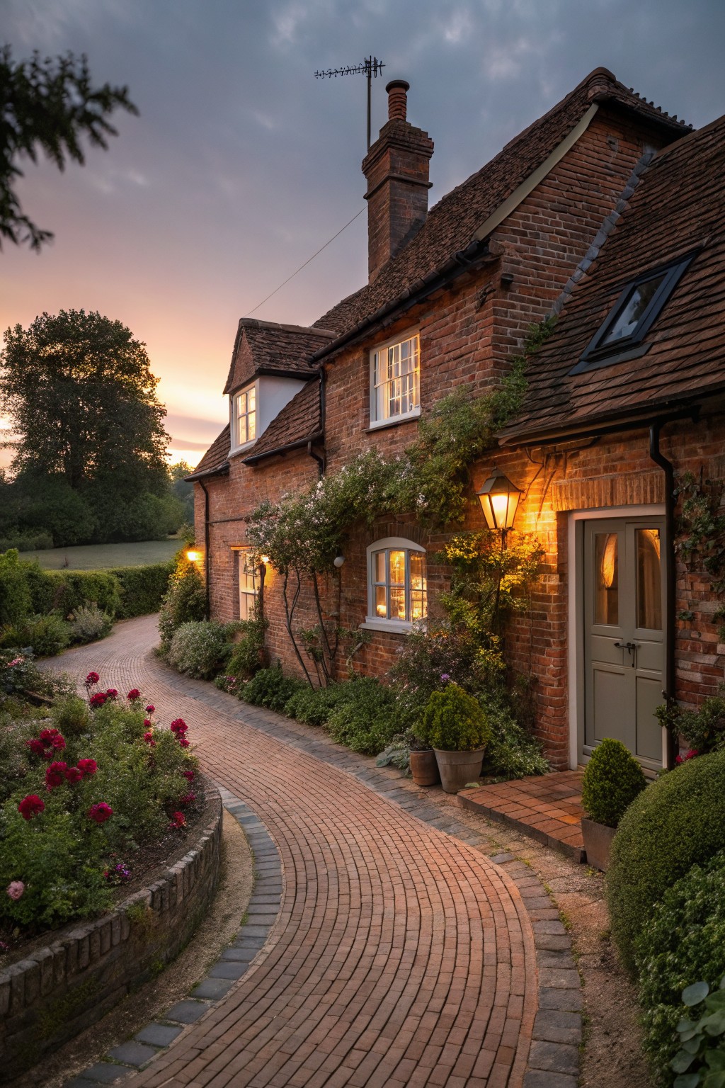 Red brick cottage exterior at dusk with curved brick pathway lined by flower beds and shrubs leading to a lantern-lit front door.