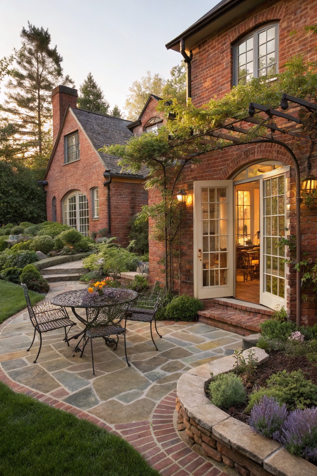 Red brick house exterior with arched French doors open to a curved flagstone patio holding a round wrought iron table with four chairs, bordered by plants and low walls.