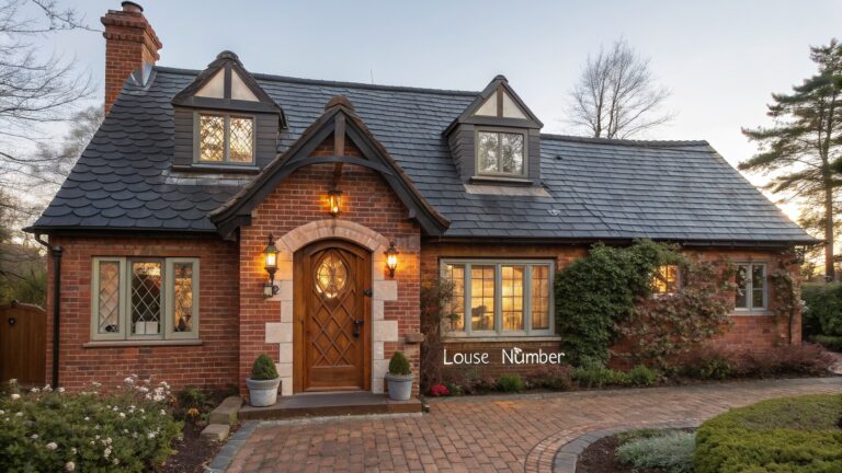 Red brick Tudor-style cottage exterior with dark wood arched front door featuring stained glass, flanked by lanterns, brick pathway leading to the entry, and surrounding shrubs and flowers.