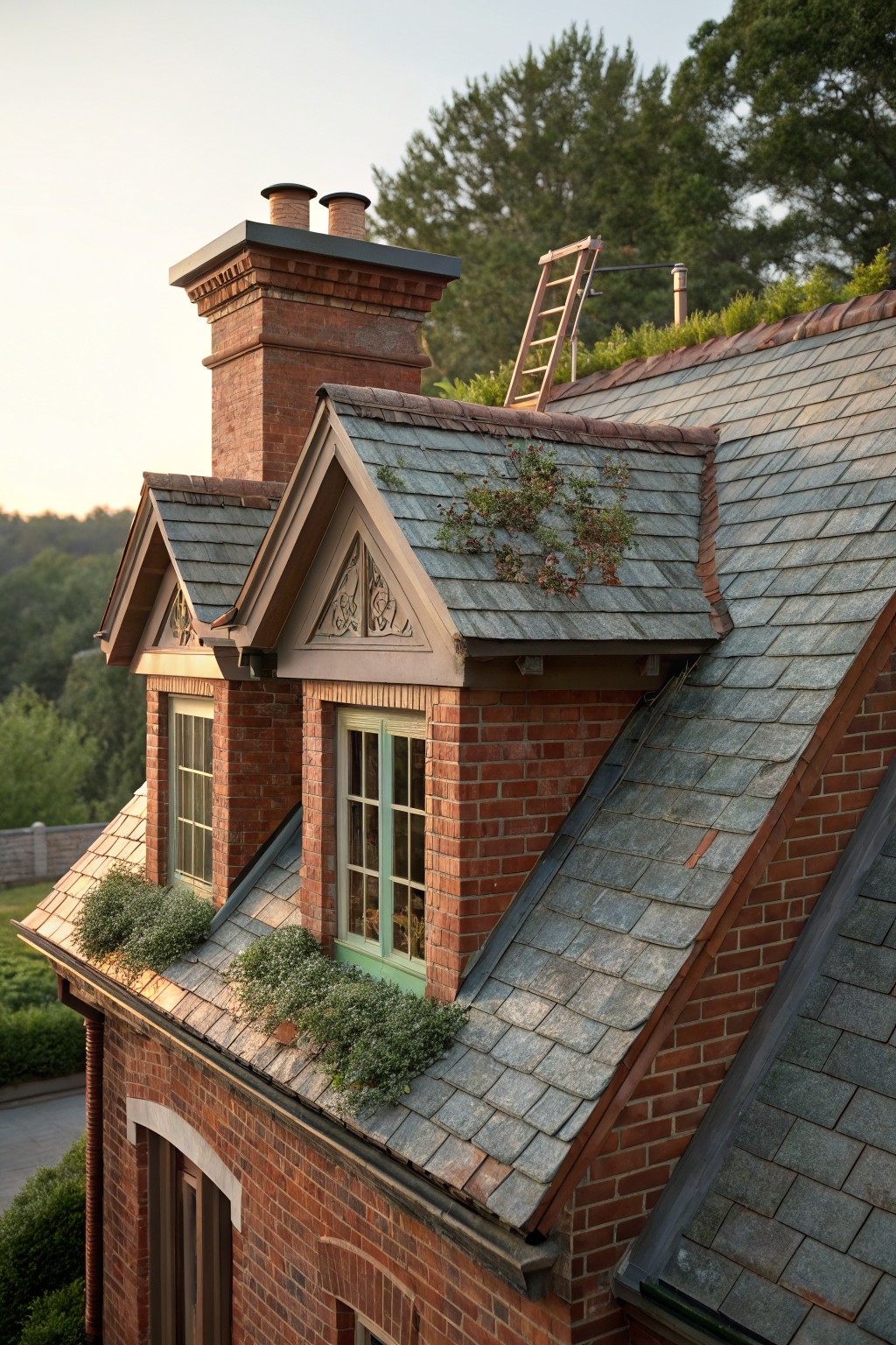 Close-up angled view of red brick house exterior with two gabled slate-roofed dormers, carved bargeboards, green-framed windows with planted boxes, brick chimneys, roof ladder, and surrounding trees and hillside at dusk.