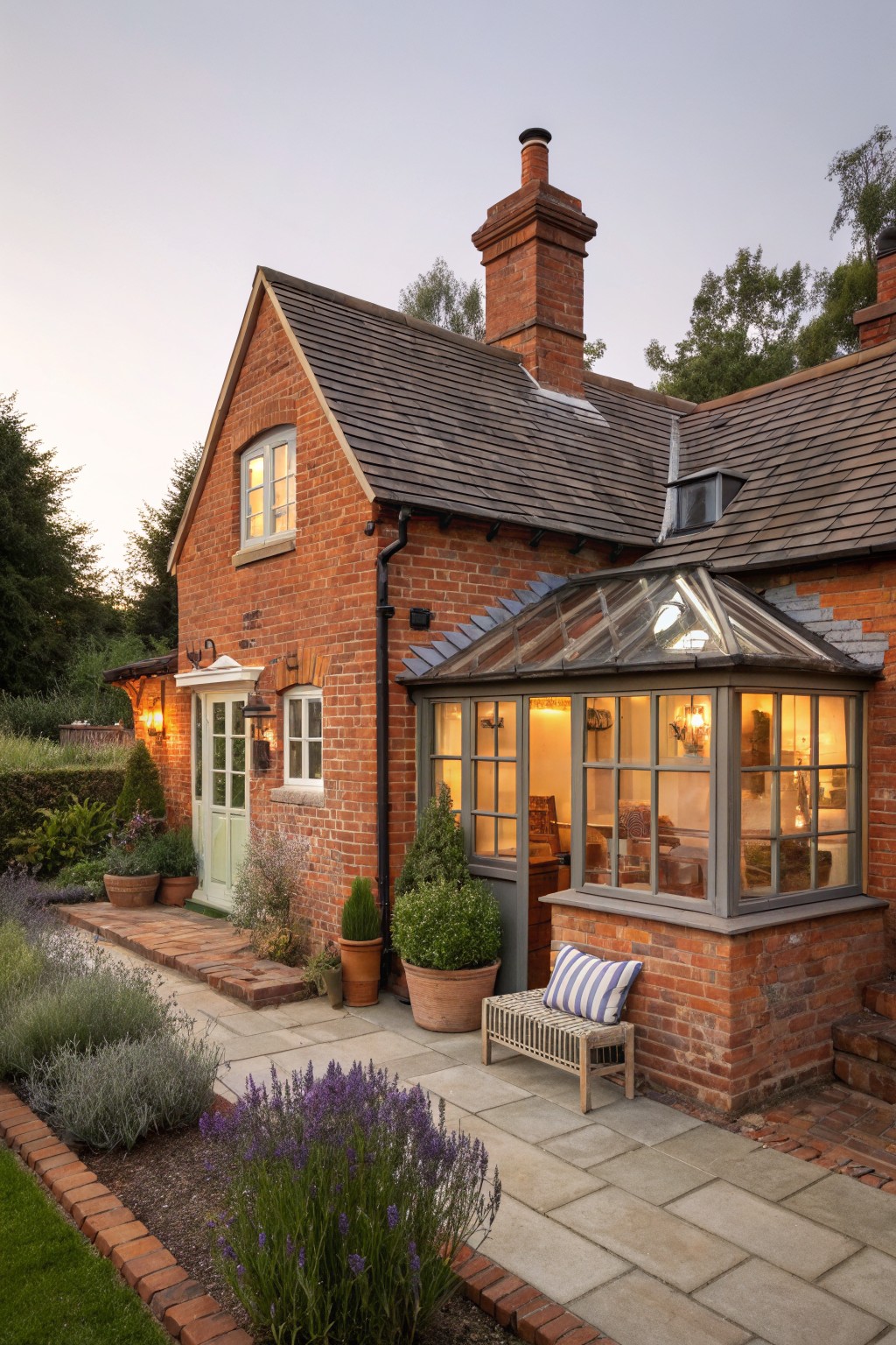 Red brick cottage exterior featuring a glass conservatory extension, lit lanterns by the door, wooden bench on stone patio, and lavender plantings in the garden at dusk.