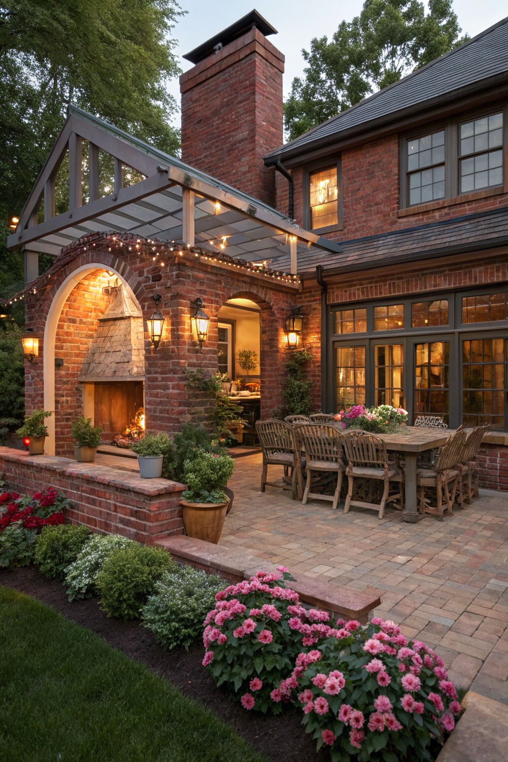 Red brick covered patio with arched outdoor fireplace, wooden dining table surrounded by chairs, potted plants, string lights overhead, and large windows into the house.