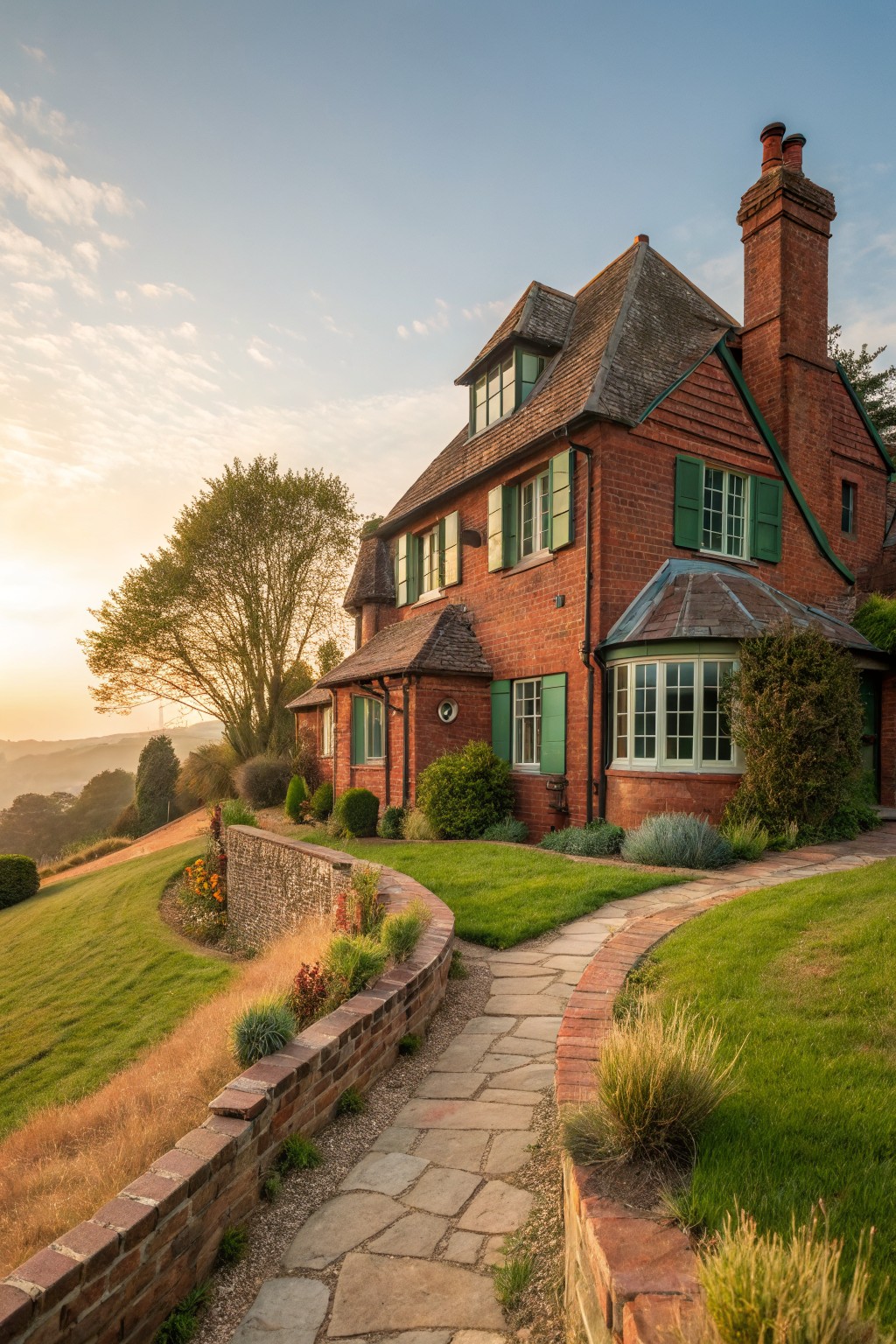 Red brick cottage exterior with green shutters on white-framed windows, gabled roofs, bay window, chimneys, and curved stone pathway on grassy hillside at sunset.