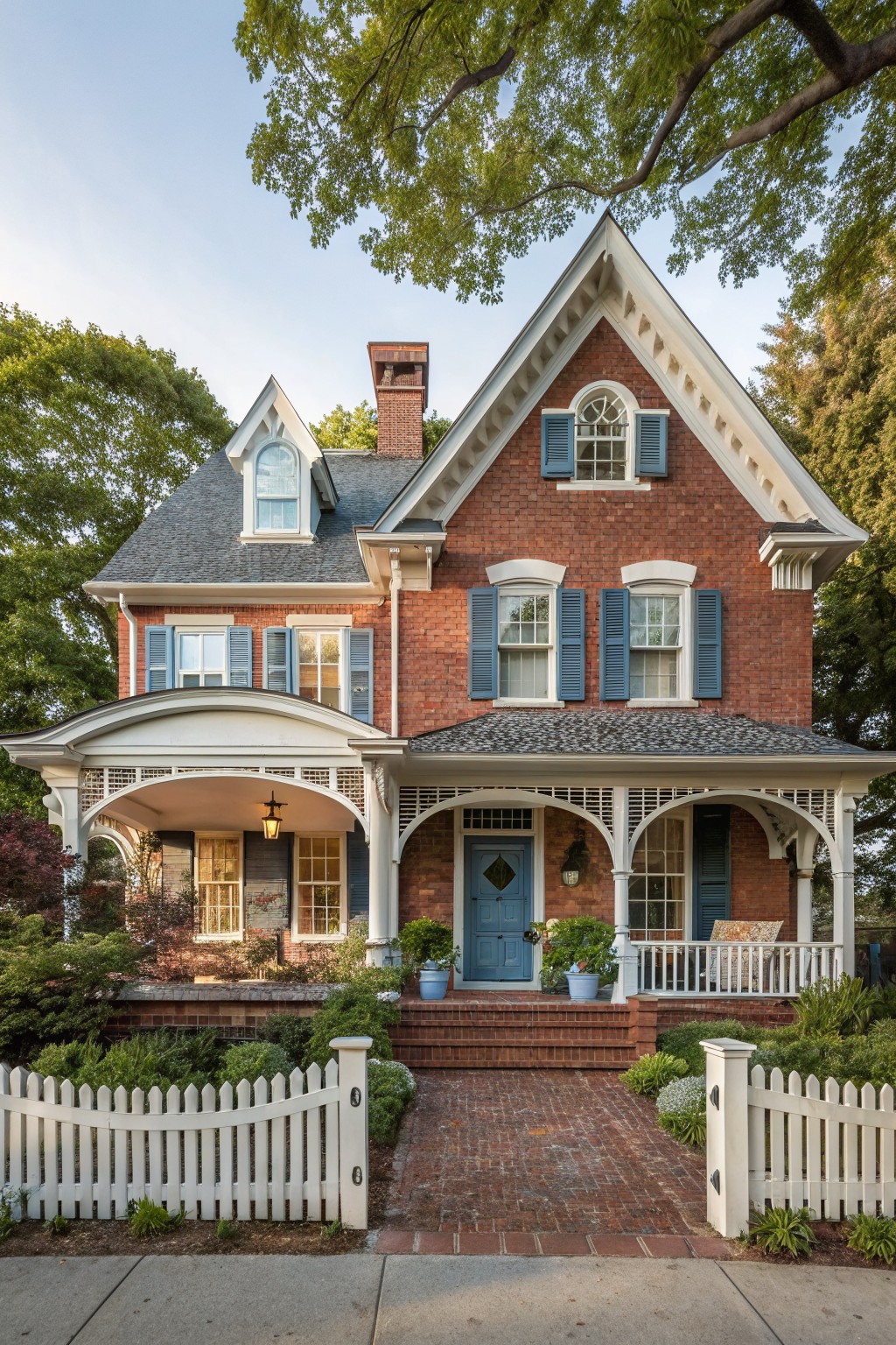 Two-story red brick house with gabled slate roof, white trim, blue shutters and door, ornate wraparound front porch with spindle details, white picket fence, brick path, and landscaped front yard under trees.