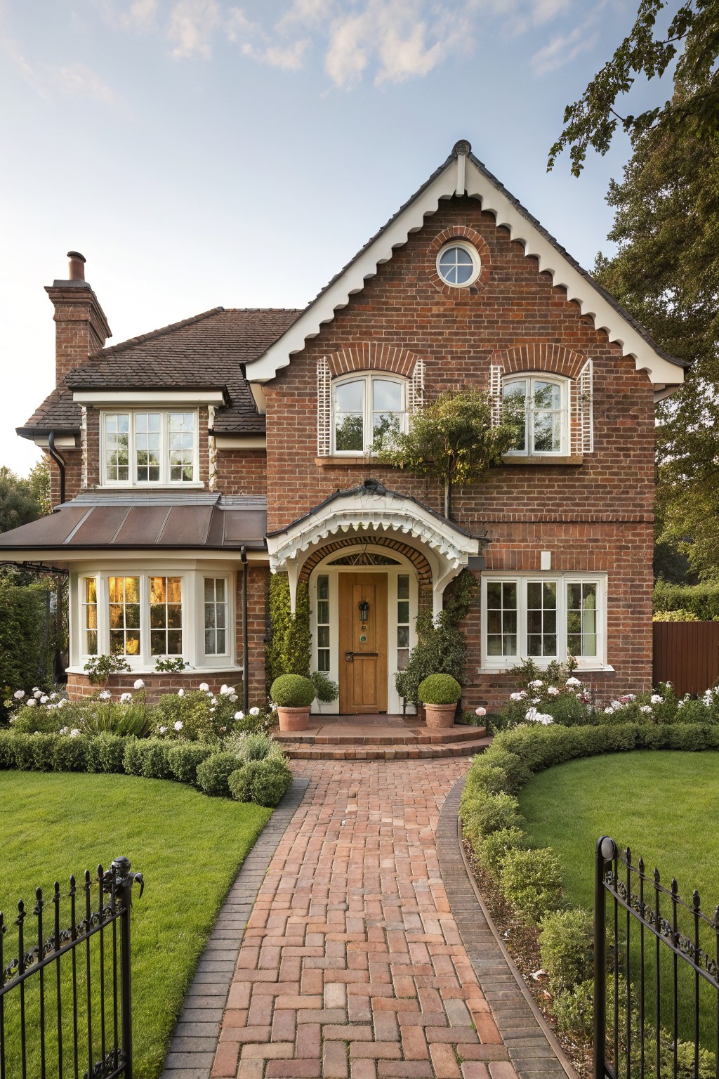 Two-story red brick house with white trim, gabled roof, half-timber accents, bay window, covered porch over wooden front door, curved brick pathway, manicured lawn, hedges, and potted plants.
