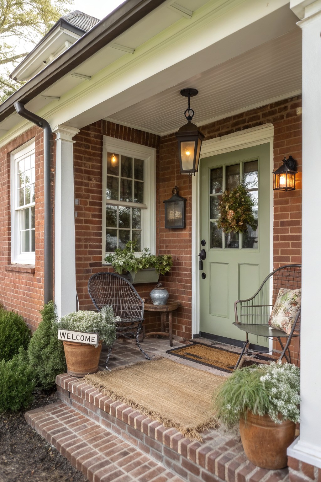 Red brick cottage front porch with sage green door, hanging lanterns, wicker chairs with patterned cushions, potted plants, small table, rugs, and welcome sign.