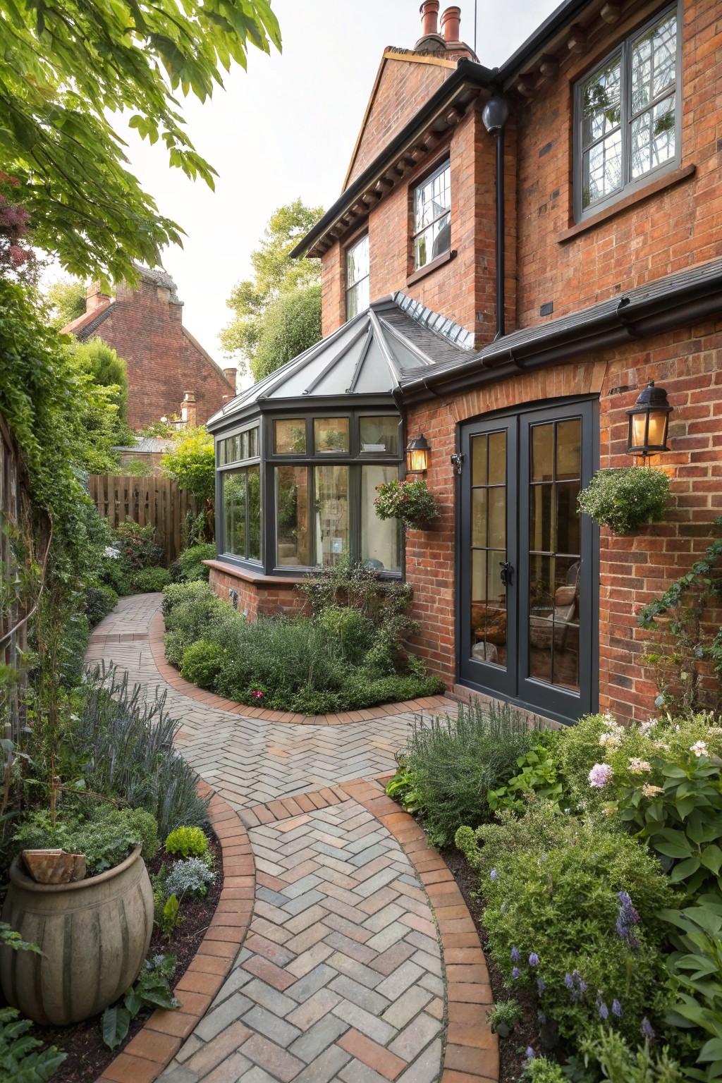 Red brick house with glass conservatory extension and black French doors, approached by a curved herringbone brick pathway edged with lush green plants and shrubs in a cottage garden setting.