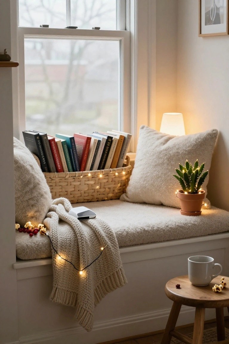 Cozy indoor window seat bench with stacked books in a wicker basket, white pillows, knitted white blanket draped over with string lights, potted cactus wrapped in lights, small wooden stool holding a white mug and popcorn, next to a large window on a foggy day.