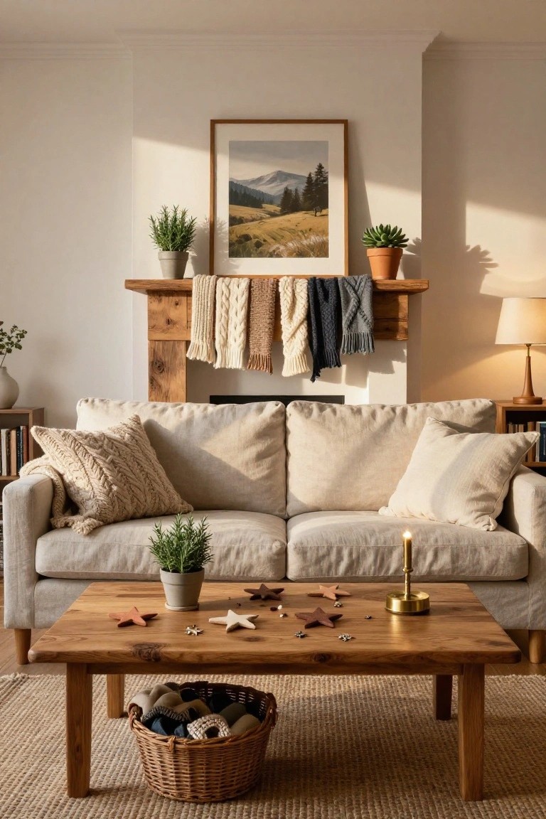 Cozy living room with wooden fireplace mantel draped in assorted neutral-toned wool blankets, cream linen sofa with knitted pillows, wooden coffee table scattered with star ornaments and plants, wicker basket on seagrass rug.
