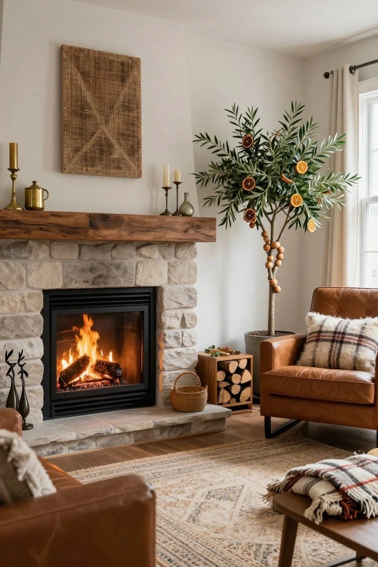 Living room with stone fireplace burning, wooden mantel, leather armchairs with plaid pillows and throws, faux olive tree decorated with dried orange slices and wooden beads, brass candlesticks, and woven wall art.