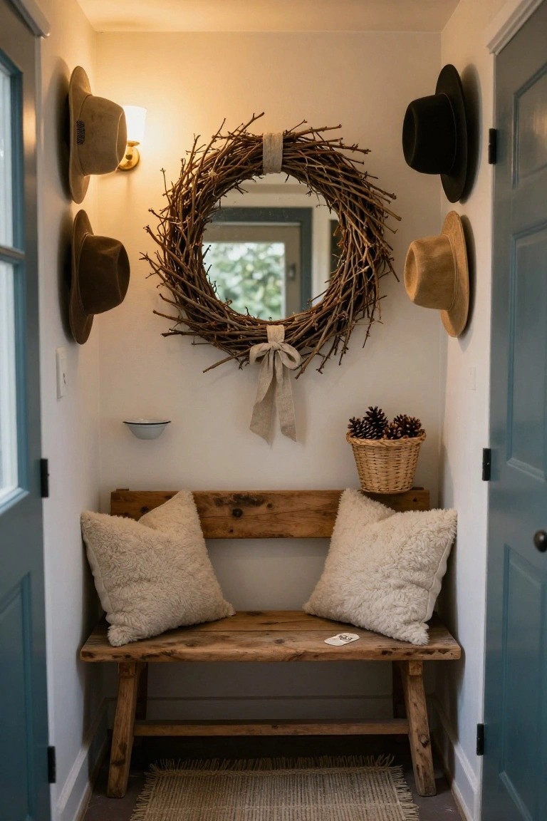 Small indoor entryway with wooden bench topped by white pillows, flanked by turquoise doors, featuring a large twig wreath with mirror on white wall, hanging hats, pinecone basket, and wall sconce.