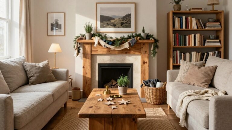 19 Sustainable Christmas Decor Ideas That Help the Planet and Look Great Cozy living room with wooden fireplace mantel draped in assorted neutral-toned wool blankets, cream linen sofa with knitted pillows, wooden coffee table scattered with star ornaments and plants, wicker basket on seagrass rug.