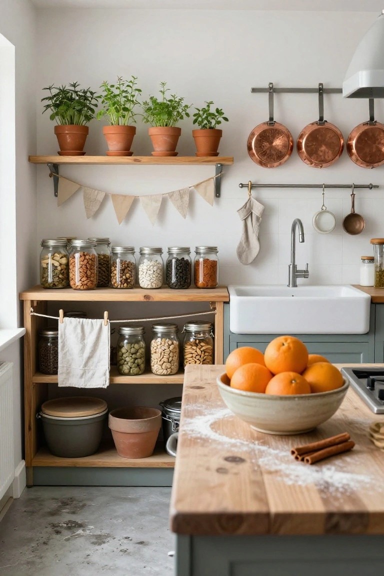 Rustic kitchen with wooden shelves, glass jars, copper pans, and oranges on a table.