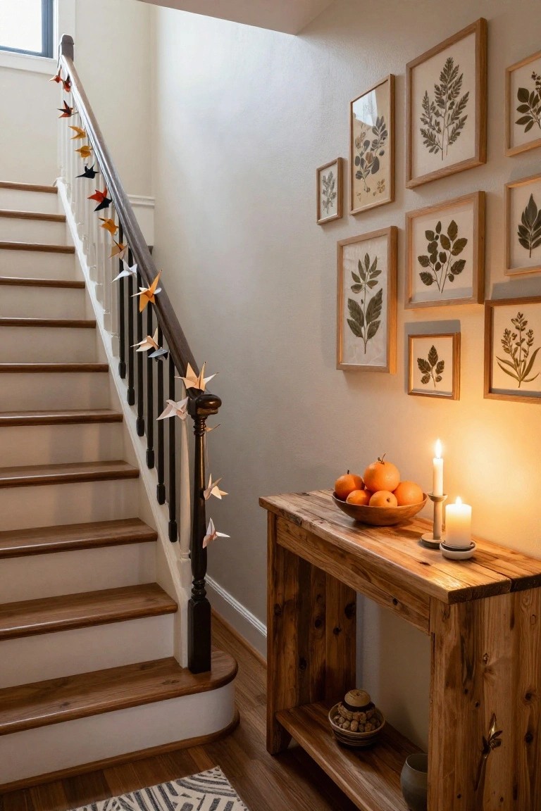 Staircase interior with dark wood railing strung with orange, red, black, and white paper origami garlands, beige walls displaying multiple framed pressed leaf artworks, and a rustic wooden console table beside the stairs holding a wooden bowl of oranges, a lit candle, pottery, and peanuts.