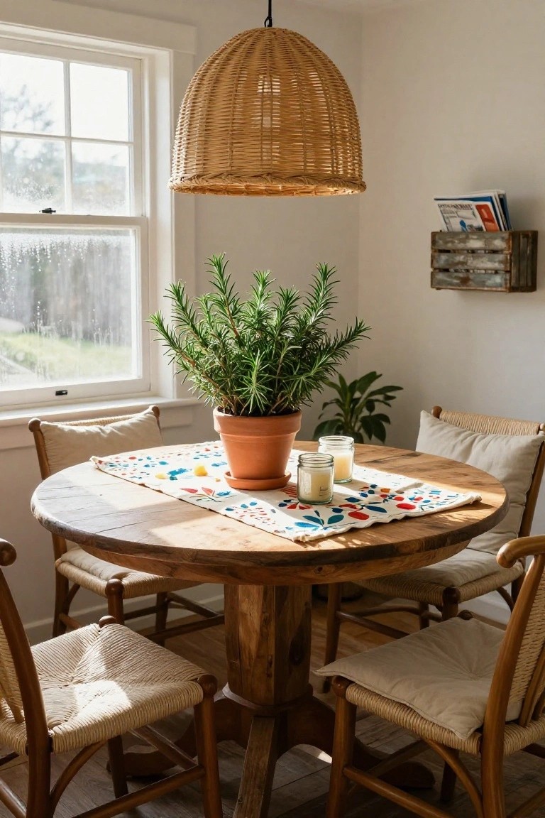 Round wooden dining table in a light-filled room with four rattan chairs, large potted rosemary plant at center, colorful runner, two candles, woven pendant lamp overhead, and window showing rainy outdoor view.