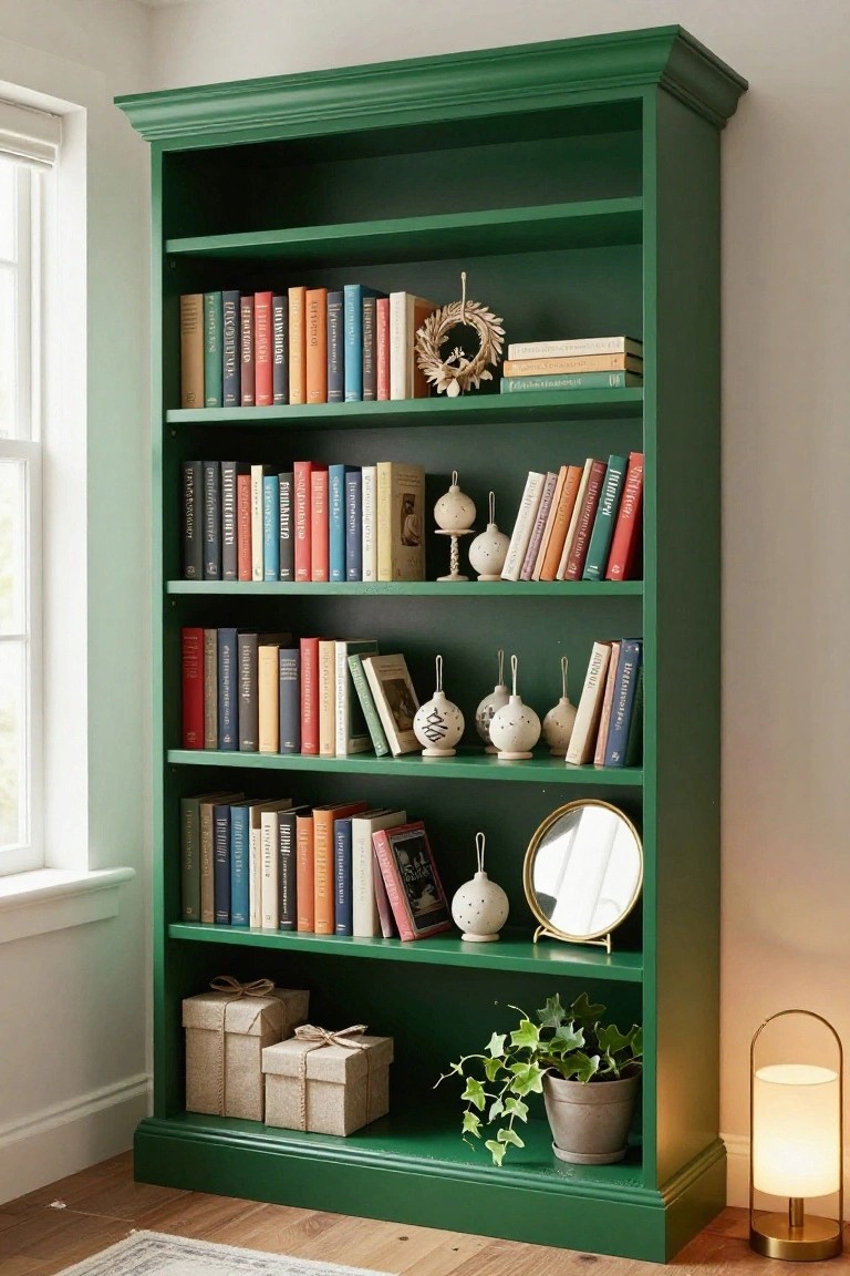 Tall emerald green wooden bookshelf in a light room with colorful books on most shelves, white porcelain ornaments and vases, a woven wreath, gold-framed mirror, wrapped cardboard gift boxes, potted ivy plant, and arched floor lamp at the base.