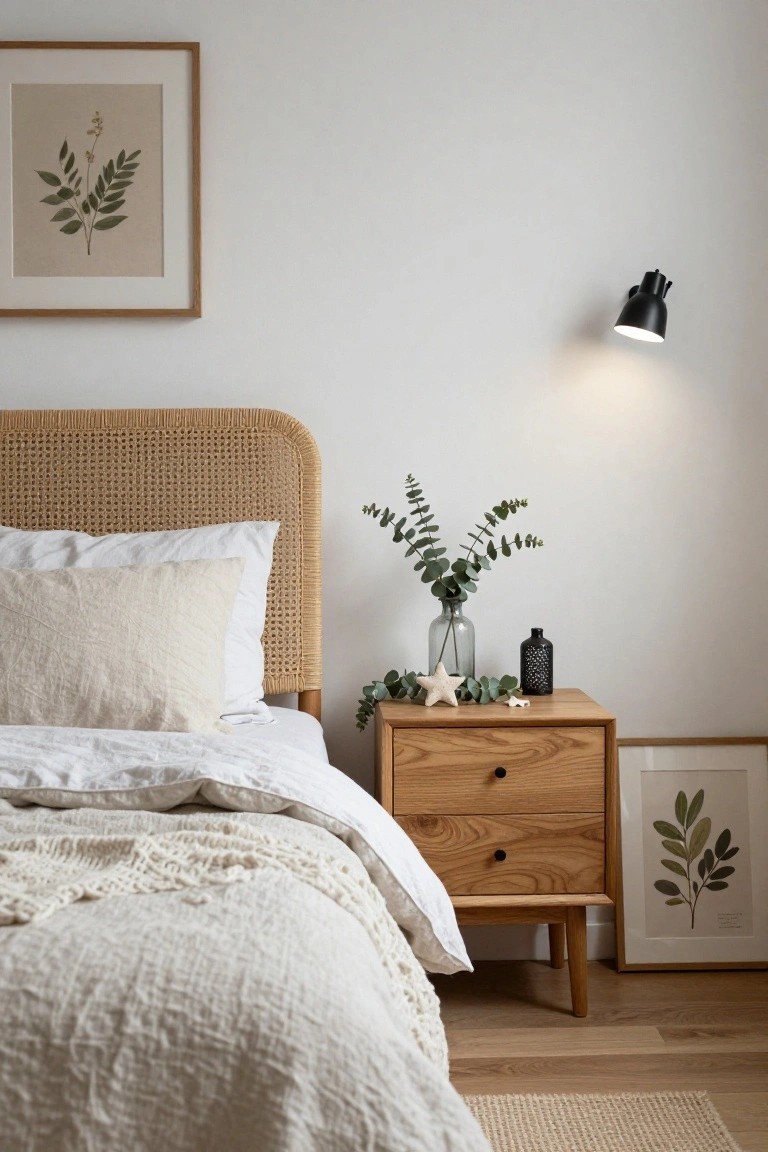 Bedroom with rattan headboard, white and cream bedding, wooden nightstand holding glass jar of eucalyptus branches, shells, and black bottle, wall lamp, and framed botanical prints on white wall.