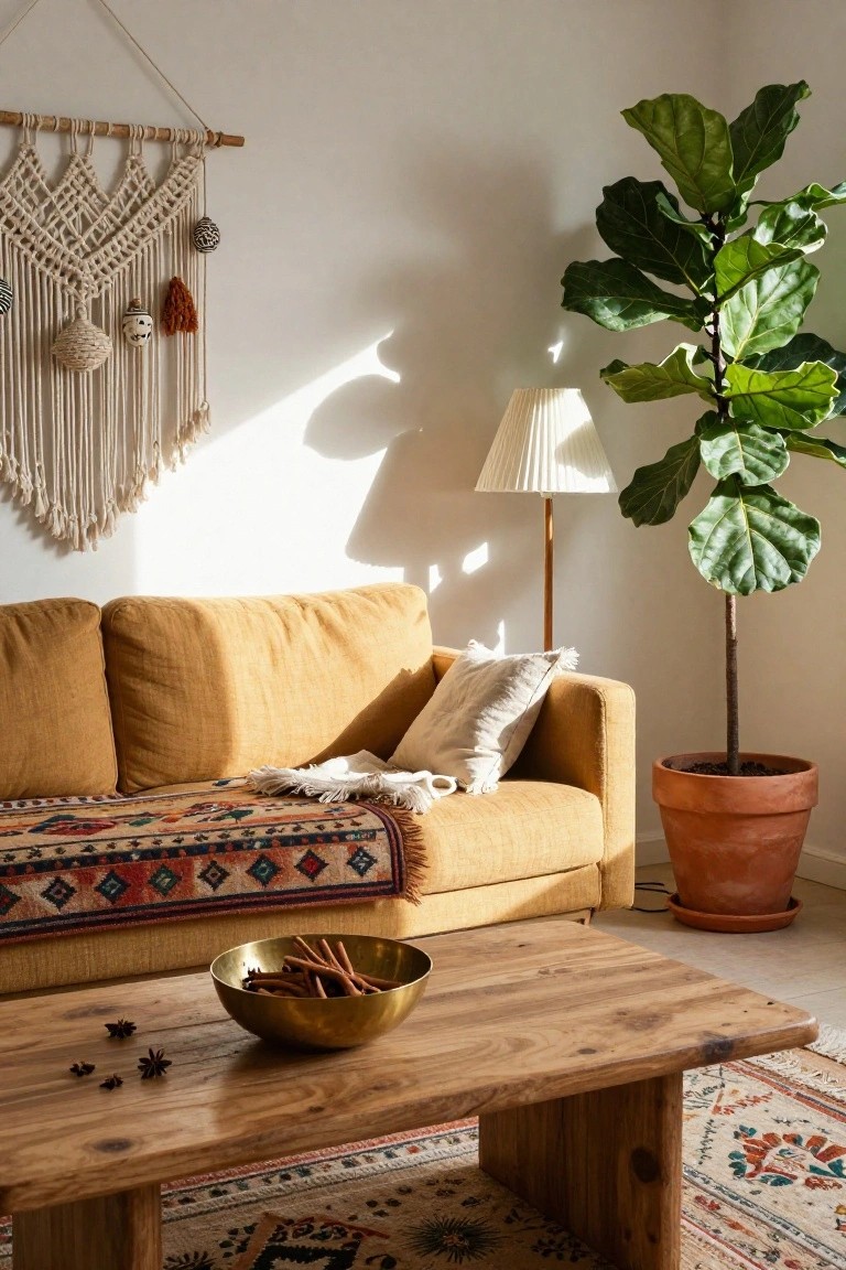 Cozy living room corner featuring a mustard yellow linen sofa with pillows and throw, wooden coffee table with brass bowl of cinnamon sticks and star anise, large fiddle leaf fig in terracotta pot, macrame wall hanging, floor lamp, and patterned rug.