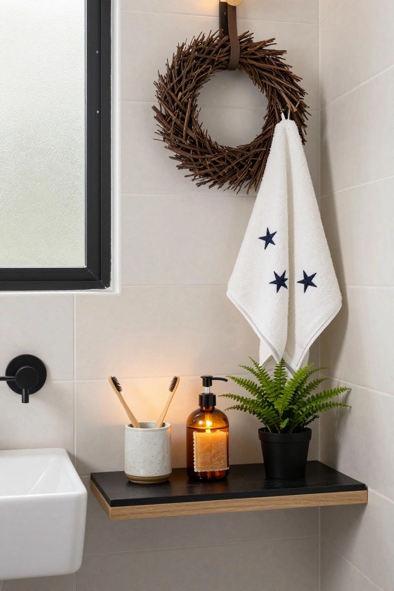 Modern bathroom corner showing a white rectangular sink under a black-edged oak shelf with a white ceramic toothbrush holder, amber glass candle, black plant pot with fern, and bamboo toothbrushes, with a white towel embroidered with navy stars hanging beside a rustic twig wreath on tiled wall next to a frosted glass shower door.
