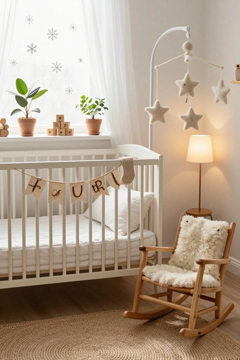 White nursery room with wooden crib draped in beige fabric banner spelling a name, hanging mobile of cream wool felt stars above, potted plants and wooden toys on windowsill with snowflake stickers, wooden rocking chair with fluffy cushion, and table lamp.