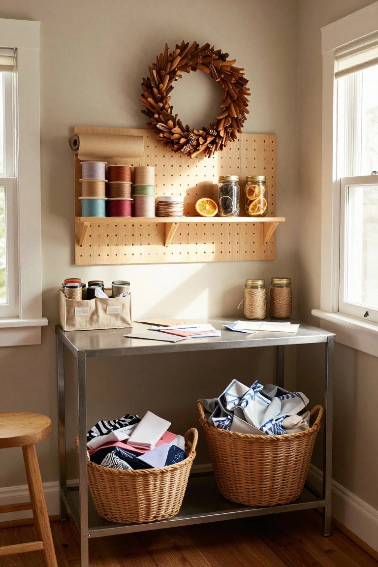 Indoor corner workspace with wooden pegboard wall holding spools of thread, kraft paper roll, jars of dried oranges and fruits, above a metal table with papers, wicker baskets of fabrics and napkins, and a wooden stool.