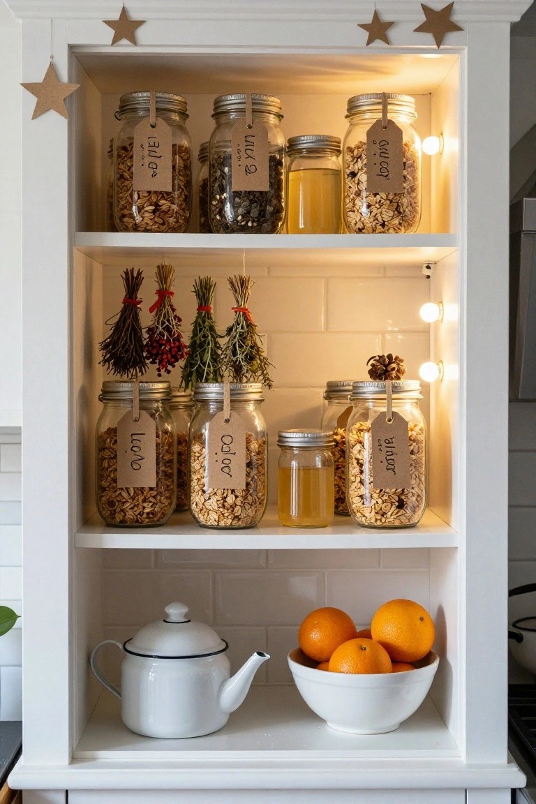 White wooden cabinet open shelving in a kitchen displaying labeled glass jars filled with grains, nuts, seeds, chocolate chips, honey, and oil, decorated with paper stars, dried herbs, berries, pinecones, fairy lights, a white teapot, and a bowl of oranges.