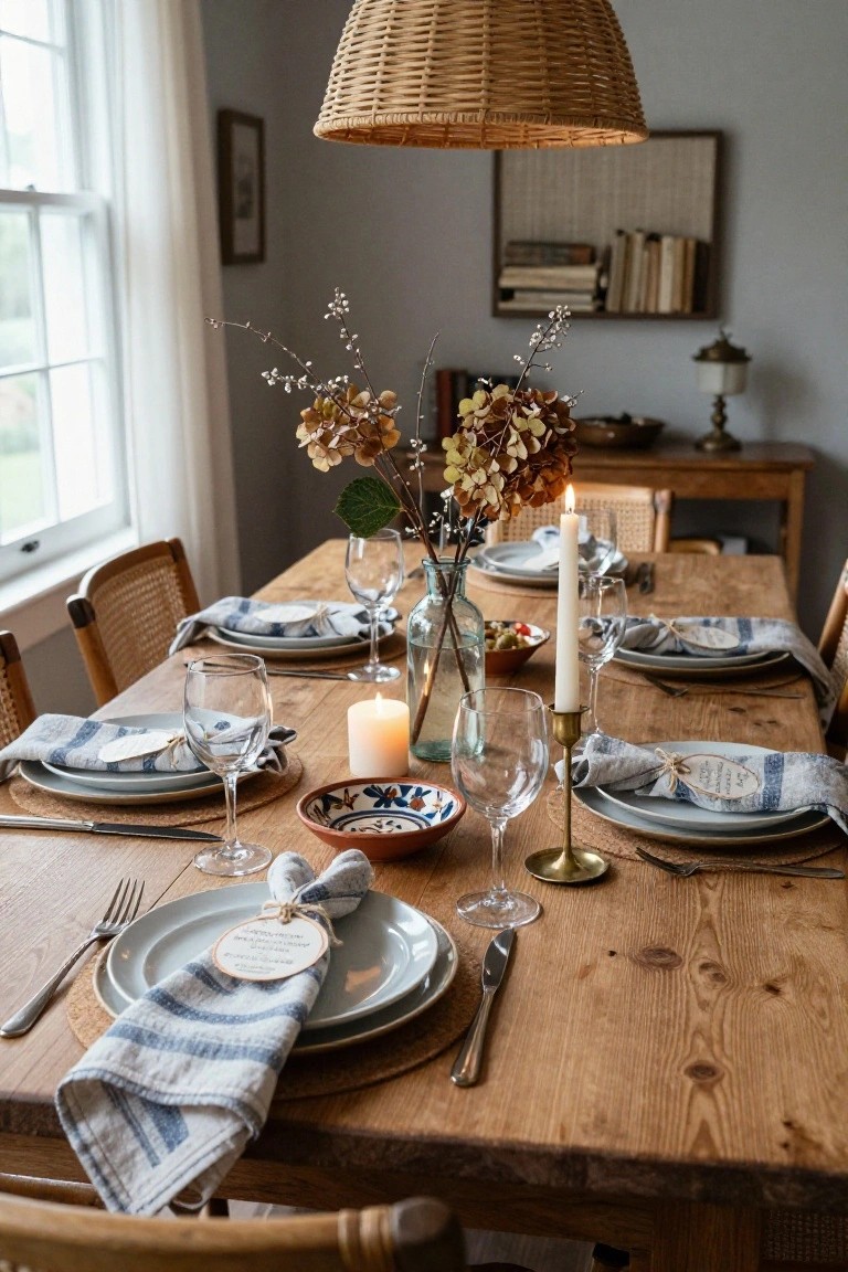 Close-up of a wooden dining table set for six with blue and white striped napkins tied with tags, white plates, wine glasses, small terracotta bowls, glass jar of dried hydrangeas and candles as centerpiece, rattan chairs in background.