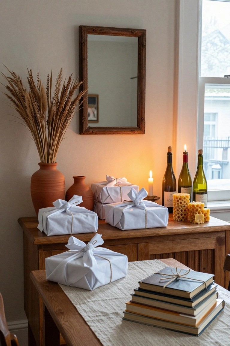 Wooden sideboard holding terracotta pots with dried wheat grass, stacked white paper-wrapped gifts tied with twine, beeswax candles, and wine bottles, next to a dining table with stacked books and a mirror on the wall.