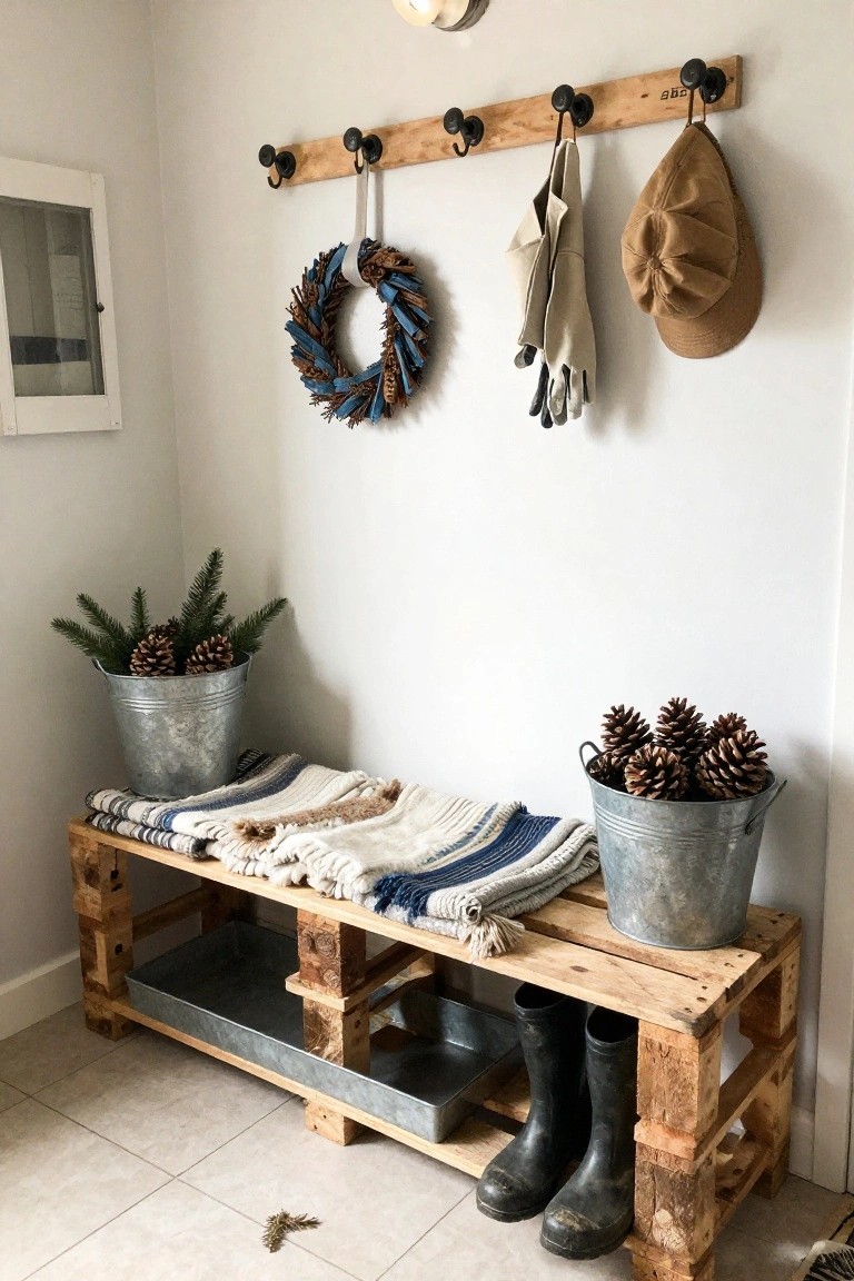 Indoor entryway corner with wooden pallet bench holding blankets and a metal tray under boots, flanked by galvanized buckets with pine branches and pinecones, wall hooks with gloves and hat, and a wreath on the wall.