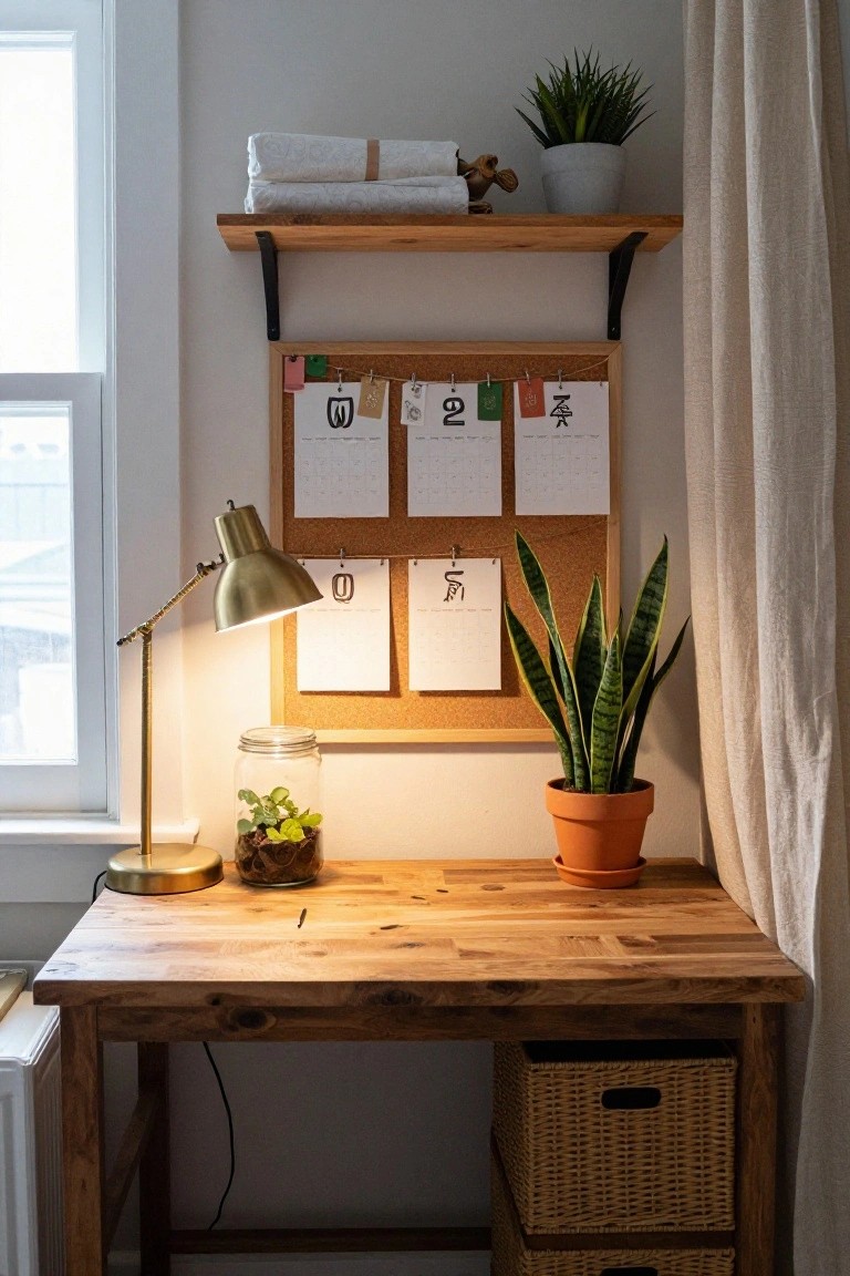 Wooden desk with terracotta pot snake plant nearby, glass jar terrarium with succulents and moss on top, gold desk lamp, corkboard calendar with tags on wall, wood shelf above holding folded white linens and potted plant, in a light room with white walls and beige curtain.