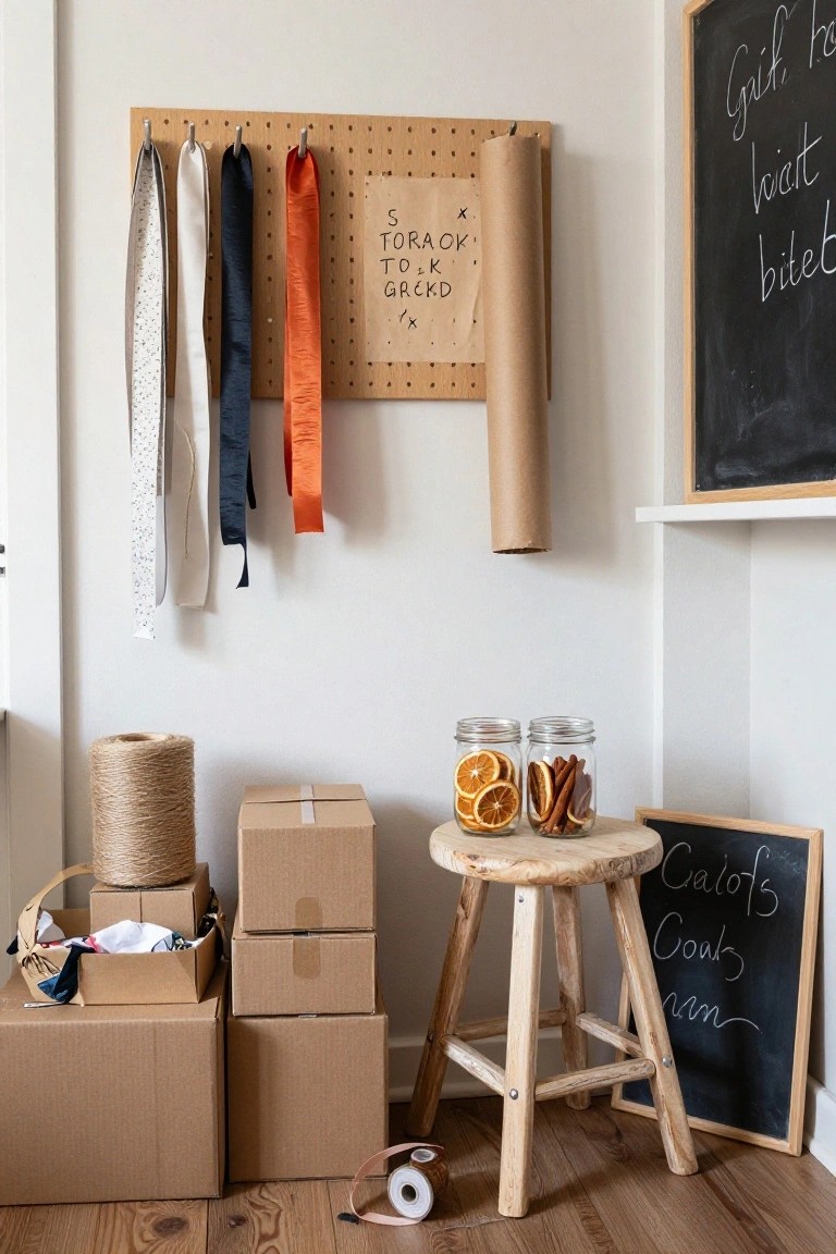 Corner of a light room featuring a wooden pegboard with hanging ribbons in white, navy, and orange, a kraft paper roll, stacked cardboard boxes, a spool of twine, jars of dried orange slices and cinnamon sticks on a wooden stool, and chalkboards with handwritten notes.